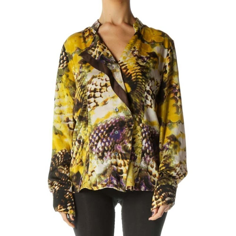Basler Yellow Long Sleeve V Neck Retro Blouse